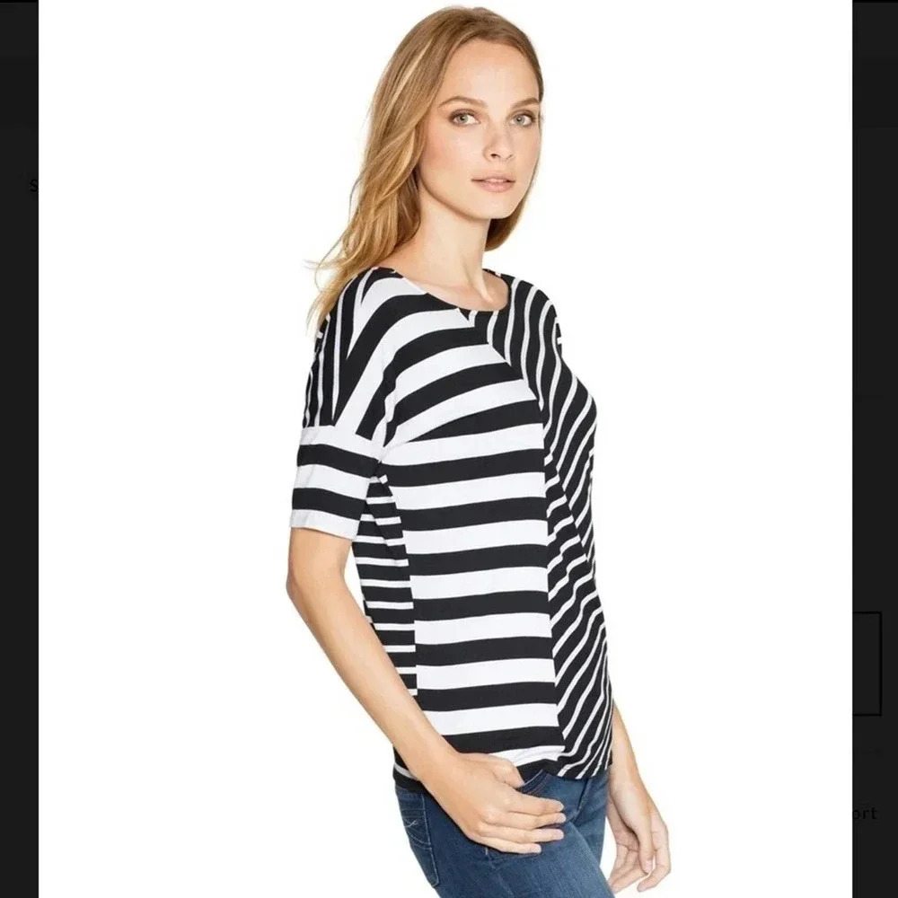 WHBM Mixed Stripe Boxy Tee Shirt Top Blouse XS Black White Striped